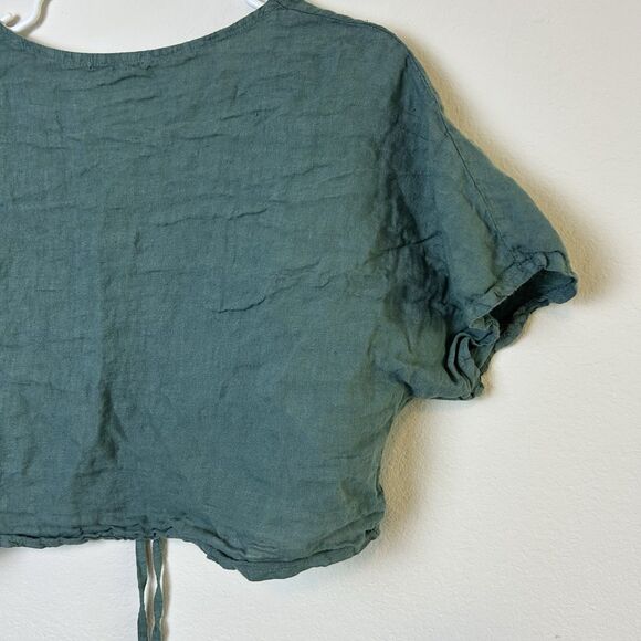 Meo Meli Linen Top Women’s M/L Green Short Sleeve Ruched Crop Lightweight Beachy - Picture 8 of 11
